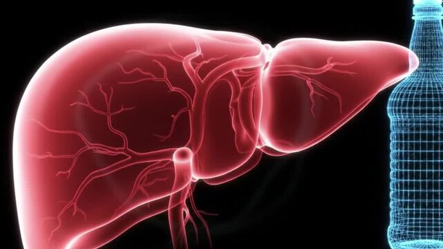 A luminous red liver pulsating with distress beside a stark blue outline of a bottle signifying the perils of alcohol