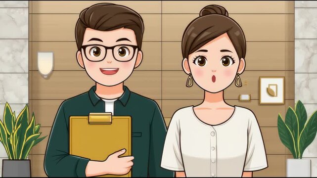 a cartoon-style illustration of two people standing side by side in an office setting