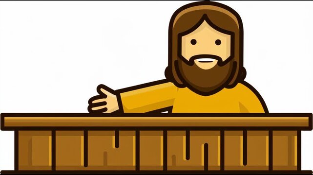 a cartoon character with a beard wearing a yellow shirt, waving with one hand