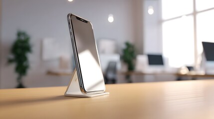 Modern smartphone with a reflective black screen and shiny chrome frame resting vertically in a minimalist white stand.