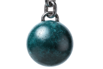 Heavy teal-colored ball, suspended by a metal chain