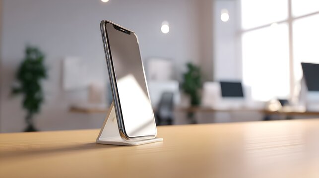 Modern smartphone with a reflective black screen and shiny chrome frame resting vertically in a minimalist white stand.