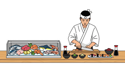 Sushi chef preparing and presenting a fresh assortment of sushi dishes