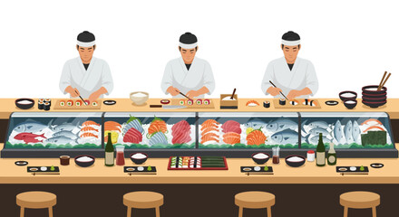Sushi Chefs Crafting Exquisite Rolls at a Traditional Japanese Restaurant