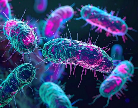 E. coli bacteria under fluorescent microscopy &mdash; foodborne pathogen and contamination concept.