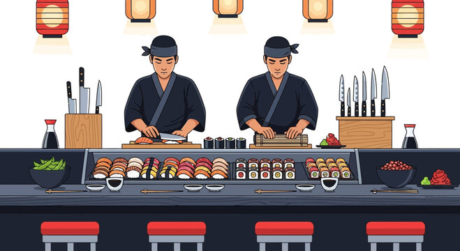Skilled sushi chefs preparing a variety of rolls and nigiri delicacies