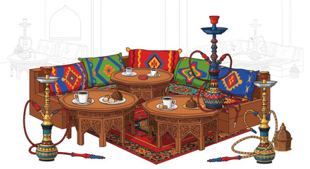 Traditional Middle Eastern Lounge Area with Hookahs and Decorative Elements