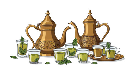 Traditional Moroccan Mint Tea Service with Elaborate Teapots and Glasses