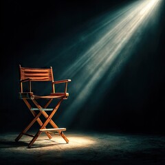 A spotlight illuminates a director's chair, creating a dramatic and captivating  backdrop.