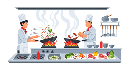 Two chefs cooking different dishes in a professional kitchen setup