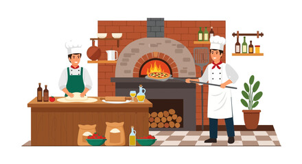 Two chefs prepare a pizza in a traditional oven and prepare the dough