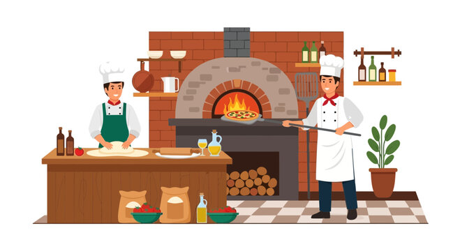 Two chefs prepare a pizza in a traditional oven and prepare the dough