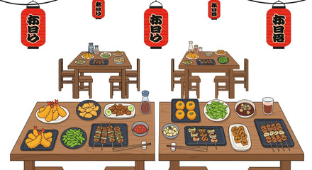 Vibrant izakaya scene featuring tables laden with delicious japanese food