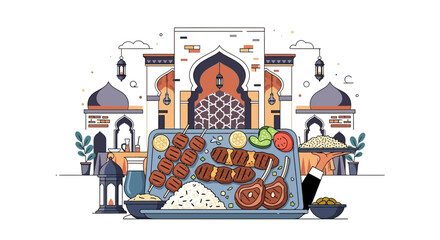 Vibrant Middle Eastern feast illustration with architecture and cuisine