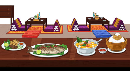 Vibrant thai cuisine and traditional seating arrangement illustration