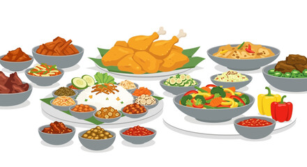 Whimsical arrangement of Indonesian rijsttafel, a feast of diverse dishes