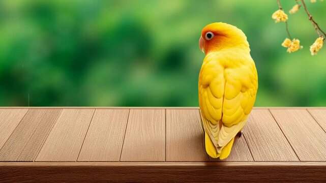 a yellow parrot standing on a wooden surface with a blurred green background