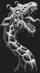 Grotesque Giraffe Head with Dripping Liquid and Sharp Teeth Illustration.