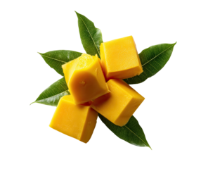 Mango cubes on green leaves.  Bright yellow cubes of mango rest atop dark green leaves.  Overhead view