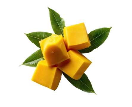 Mango cubes on green leaves.  Bright yellow cubes of mango rest atop dark green leaves.  Overhead view