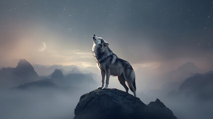 Naklejka premium Majestic wolf standing on rocky cliff howling at crescent moon in dramatic misty mountain night scene, wild animal in mystical atmosphere perfect for fantasy backdrop wallpaper