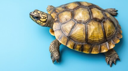 Fototapeta premium Close-Up of a Colorful Turtle on a Solid Blue Background