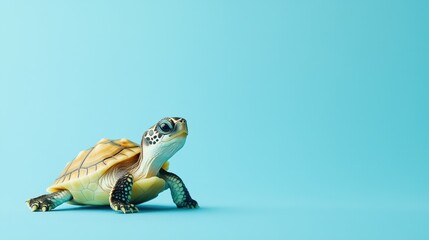 Cute baby turtle on a vibrant blue background in a playful pose