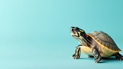 Adorable turtle on a serene blue background in soft natural light