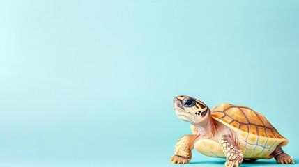 Cute turtle on a pastel blue background, showcasing its features