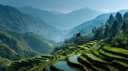 Lush Green Rice Terraces in a Mountain Valley.