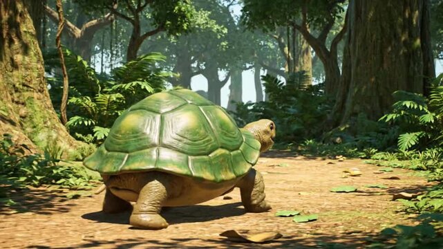 A large tortoise with a patterned green and yellow shell walks on a dirt path in a sun-dappled forest surrounded by tall trees and dense green foliage