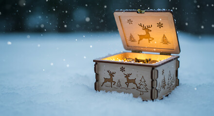 Festive glowing wooden keepsake box with reindeer and tree carvings.