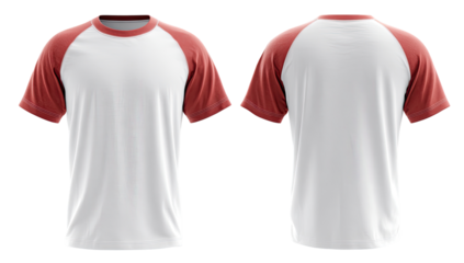 Front and back view of a white t-shirt with rust-colored raglan sleeves