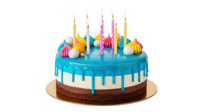 Festive birthday cake with blue frosting and candles isolated on transparent background