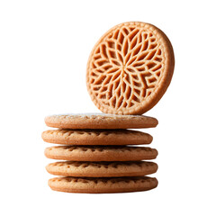 pizzelle cookies split into decorative layers, powdered sugar dust in motion