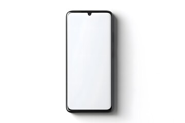 Sleek black smartphone with a blank white screen and a small teardrop camera notch viewed from above.