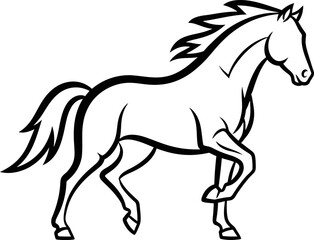Obraz premium A stylized black and white line art illustration of a strong horse trotting in profile.