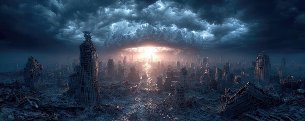 Abandoned destroyed city in apocalyptic wasteland concept. A dystopian landscape illuminated by a fading light.