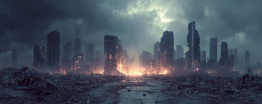 Abandoned destroyed city in apocalyptic wasteland concept. A dystopian cityscape depicting destruction and despair.