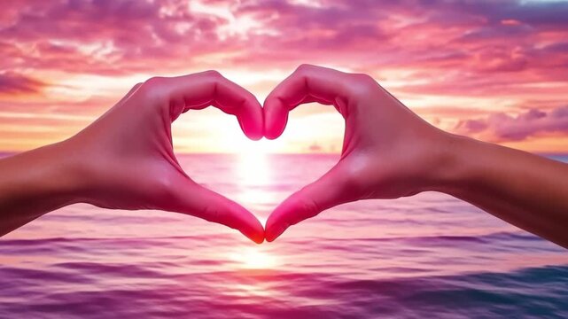 Two hands form a heart shape against a vibrant sunset over the ocean. The scene captures a serene moment of love and connection with nature.