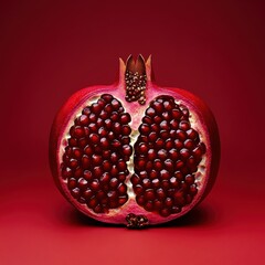 Fresh Pomegranate Cut in Half with Seeds Exposed Against Red Background