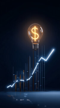 Lightbulb with dollar sign and rising graph on a dark blue background art