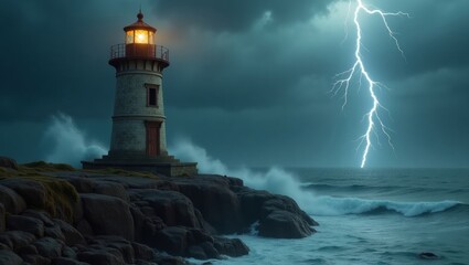 Obraz premium Abandoned coastal lighthouse stands tall on rugged rocky cliffs during a fierce storm, powerful waves crashing and foaming against the jagged rocks