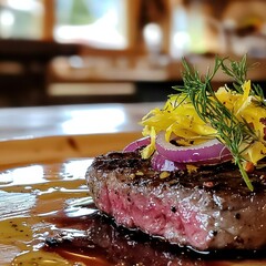 Juicy Beef Steak with Garnish and Colorful Vegetables on Plate