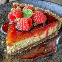 Delicious Raspberry Cheesecake with Glossy Cherry Topping Delight