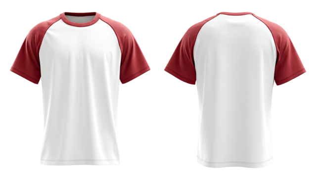 Front and back view of a white t-shirt with a rust-colored raglan sleeve design