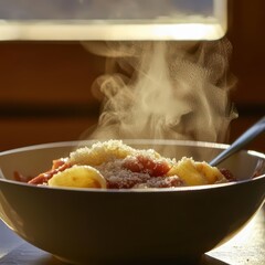Warm Bowl of Pasta with Steam Rising in Cozy Setting