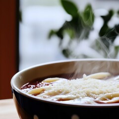 Warm Bowl of Soup with Steam and Cheese on a Cozy Table Setting