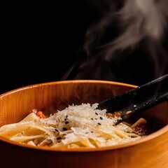 Delicious Pasta Dish with Cheese and Herbs on a Dark Background