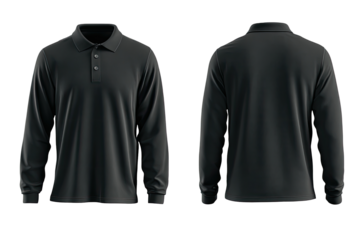 Front and back view of a dark gray long-sleeve polo shirt (1)